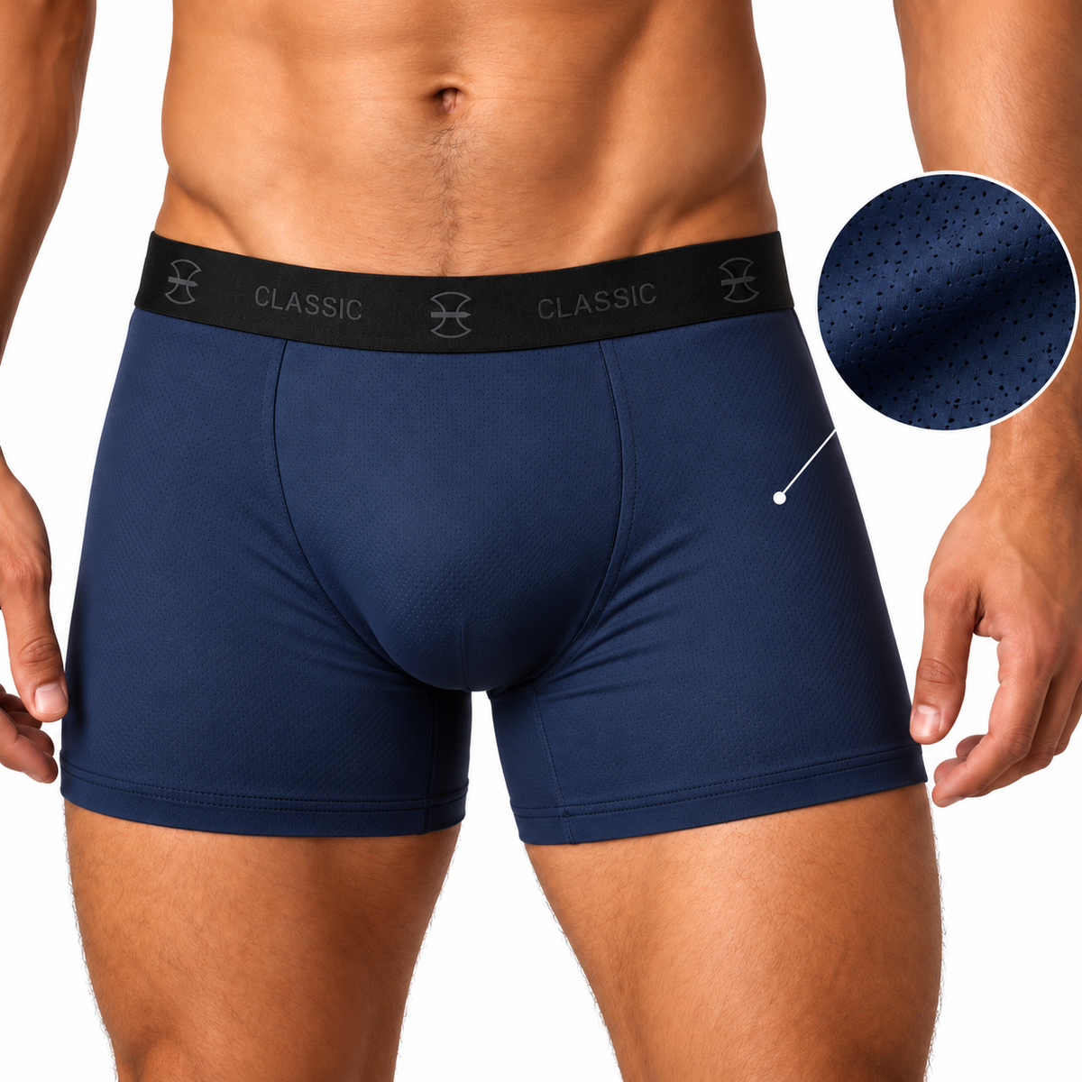 Modelo vestindo a cueca boxer Performance Classic azul-marinho