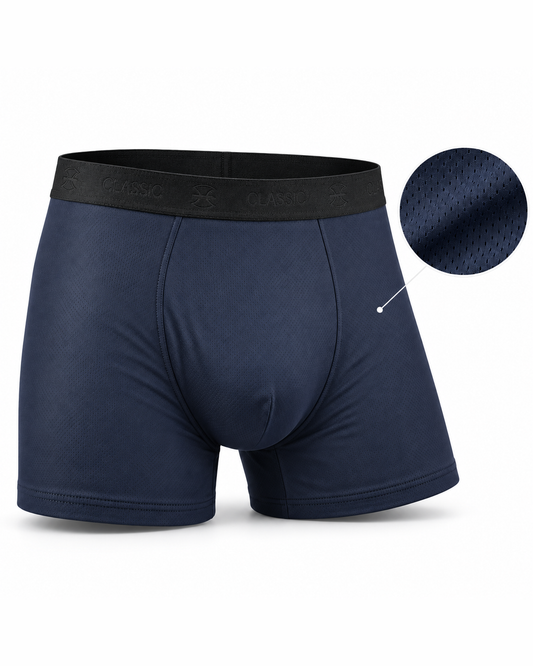 Cueca boxer Performance Classic azul-marinho com detalhe do tecido respirável